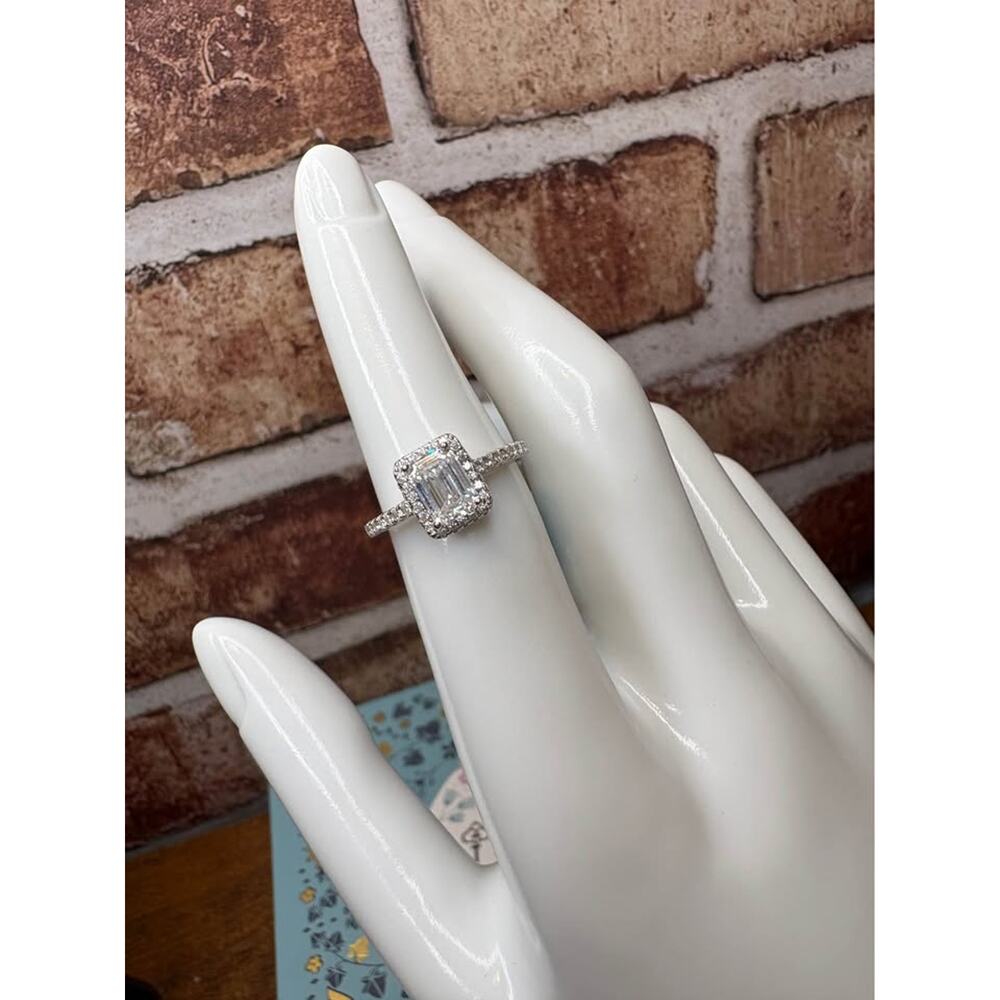 1.41 CTW Moissanite Ring Size 6 Emerald Cut Halo  Sterling Silver